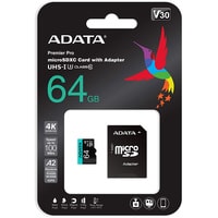 Карта памяти A-Data Premier Pro AUSDX64GUI3V30SA2-RA1 microSDXC 64GB (с адаптером)